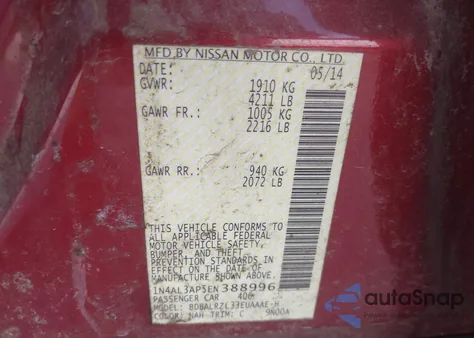 2014 Nissan Altima 2.5 S from USA, damaged, VIN 1N4AL3AP5EN388996